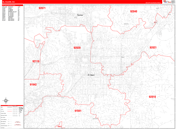 El Cajon City Wall Map Red Line Style
